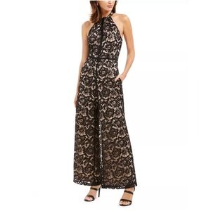 NWT Julia Jordan Black Floral Lace Halter Wide Leg Jumpsuit Size 16